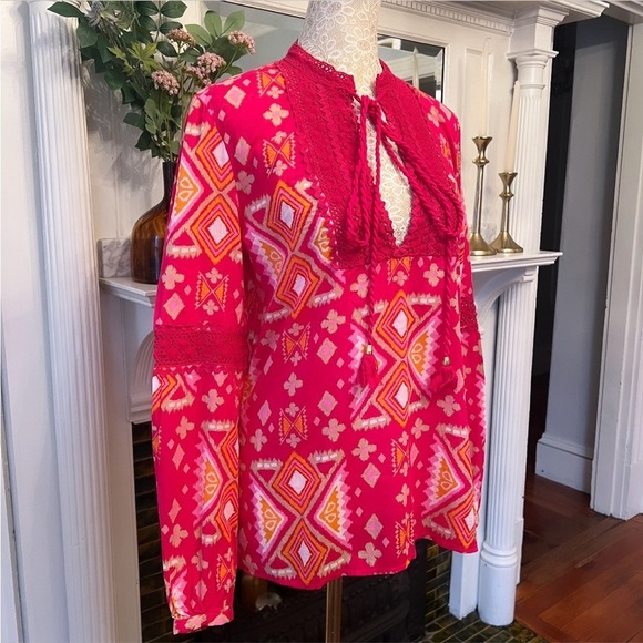 TORY BURCH 100% Cotton Pink & Orange Crotchet/Tassel Longsleeve Tunic Top Sz 6 - Picture 4 of 13